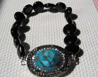 Natural Turquoise with Black Agate 925 Sterling Silver Bracelet B4