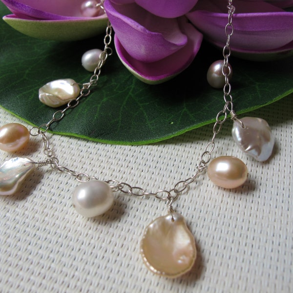18" Natural Keishi and Rice Freshwater Pearl 925 Sterling Silver Necklace N16