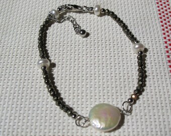 Genuine Freshwater Pearl with Pyrite Bracelet B1