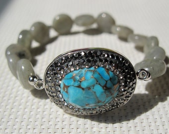 Natural Turquoise with Labradorite 925 Sterling Silver Elastic Bracelet B2