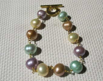Natural Mixed Color Potato Freshwater Cultured Pearls Brass with Gold Plated Bracelet B6