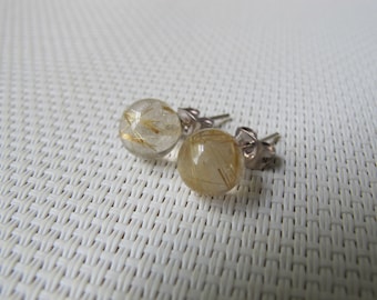 8mm Natural Golden Rutilated Quartz Brass Stub Earrings E12