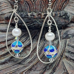 Pearl and Blue Cloisonne Bead Dangle Earrings Austrian Crystal Natural Gemstone Handmade Forget me not flower Jewelry