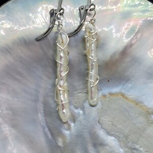 Wire Wrap Stick Pearl Earrings Silver Finish | June Birthstone | Light Weight | Simple | Minimalist | No Tarnish Jewelry | Organic Gemstone