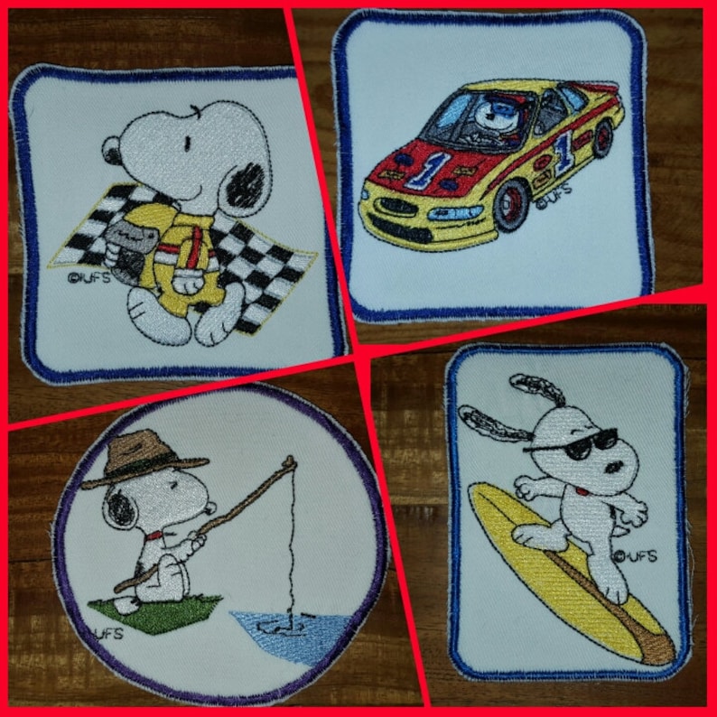 Car Racing and Surfing Peanuts Snoopy Iron On Patches Fishing