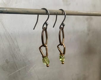 Tears of trees peridot organic earrings bronze metal hoops
