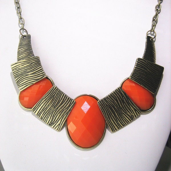 Roman style  brass  necklace with orange glass beaded , statement necklace, chunky necklace
