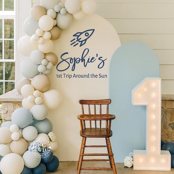 First Trip Around the Sun Vinyl | Celestial or Rocket Theme Backdrop Display for Kids First Birthday or Space Party Celebration (Decal Only)