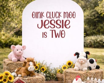 Oink Cluck Moo Is Two Birthday Backdrop Decal, Farm 2nd Birthday Decor, Barnyard Birthday Sign, Custom Name Two Birthday (Decal Only)