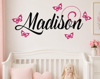 Personalized Name Wall Decal with Butterflies | Custom Girls Nursery Name Decal | Butterfly Bedroom Wall Decor Baby Girl Name Sticker N021