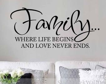 Family Where Life Begins and Love Never Ends Vinyl Wall Decal  Family Decal Wall Decor  Family Wall Decal  Family Vinyl Wall Decal Lettering