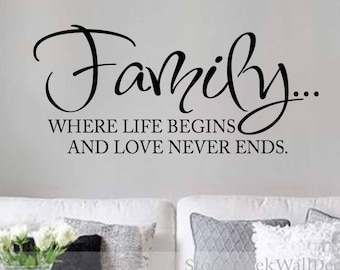 Family Where Life Begins and Love Never Ends Vinyl Wall Decal  Family Decal Wall Decor  Family Wall Decal  Family Vinyl Wall Decal Lettering