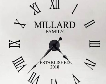 Large Wall Clock Decal | Custom Family Name with Year Established Clock Decal | Personalized Clock Clock Decals | Family Room Wall Decal