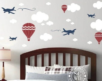 24 PIECE SET of Airplanes Clouds and Hot Air Balloons Airplane Wall Decals Clouds Vinyl Wall Decal Kids Nursery Decals Bedroom Decals