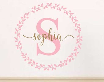 Girls Wall Decal Baby Nursery Decor Vinyl Lettering Wreath Monogram Decal Initial Name Personalized Wall Decal Gold Wall Decal Girls N051