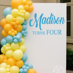 Birthday Vinyl Decal | Happy Birthday Name Turns Age Backdrop Sticker for Kids, Teen or Adult Birthday Party Decor (Decal Only)