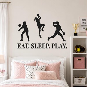 Girls Sports Wall Decal | Eat Sleep Play Wall Decal | Softball Basketball Soccer Room Decor | Girls Bedroom Vinyl Wall Sticker