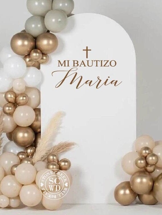 MI BAUTIZO Baptism Wall Decal for Balloon Arch, Personalized Name and Cross Wall Decal for Balloon Arch, Baptism Party Decorations