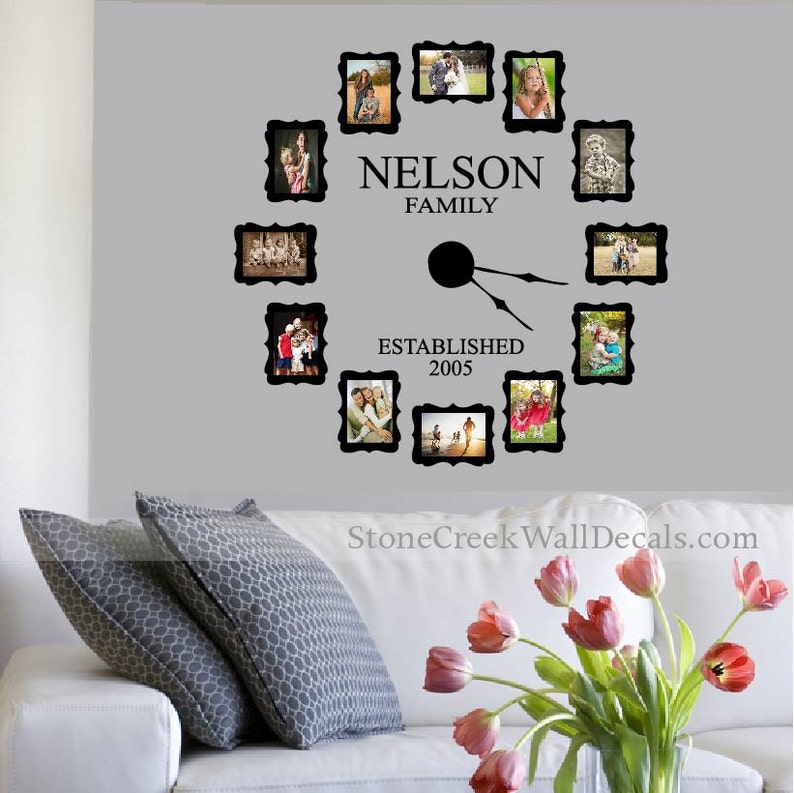Large Family Photo Wall Clock Decal Kit With Working Handechanism For 4x6 And 5x7 Photos Name Established Sign
