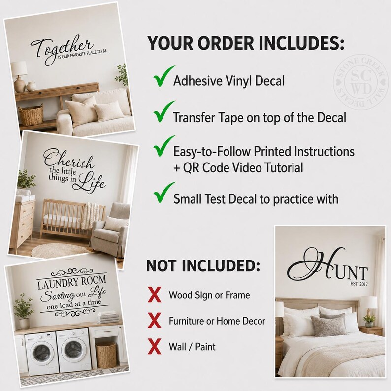 K&ouml;nnte beinhalten: Ein Set aus schwarzen, selbstklebenden Vinyl-Wandaufklebern mit verschiedenen Schrift- und Serifendesigns. Das Produkt enth&auml;lt ein Transferband, eine gedruckte Anleitung mit QR-Code sowie einen kleinen Testaufkleber zum &Uuml;ben.