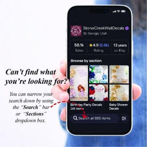 May include: A smartphone screen displaying the StoneCreekWallDecals Etsy shop page. The interface shows shop statistics, a browse by section menu with thumbnail images of party decals, and a search bar with the text Search all 885 items.