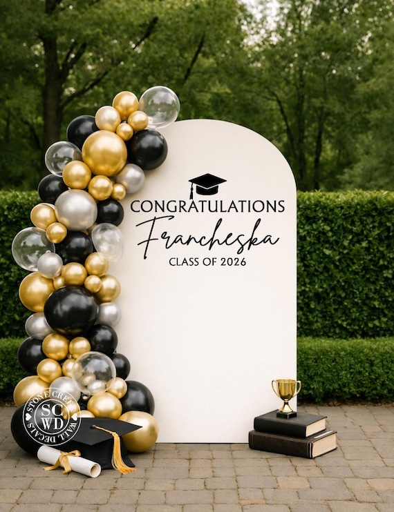 Graduation Backdrop Vinyl Decal Congratulations Name Class of Year with Cap | Personalized Graduation Party Sign Decor (Decal Only)