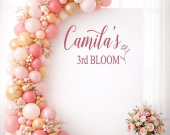 Bloom Birthday Decal with Flower | Personalized (Age) Birthday Backdrop | Floral Party Sign | Custom Name Birthday Wall Decal (Decal Only)