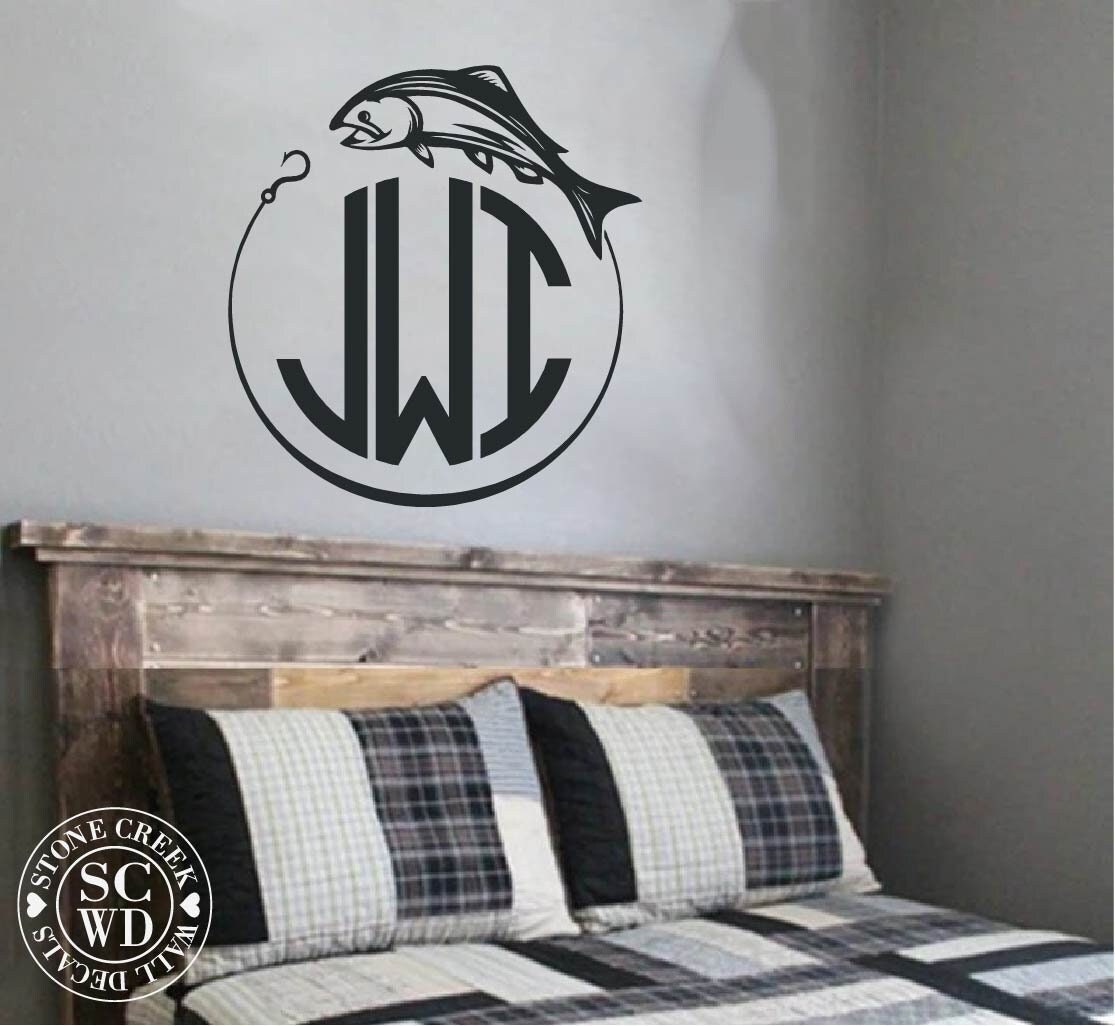 Fishing Monogram Vinyl Wall Decal | Bedroom Decal for Boys | Monogram Wall Decals | Fish Decals for Walls | Fishing Monogram Decal for Wall