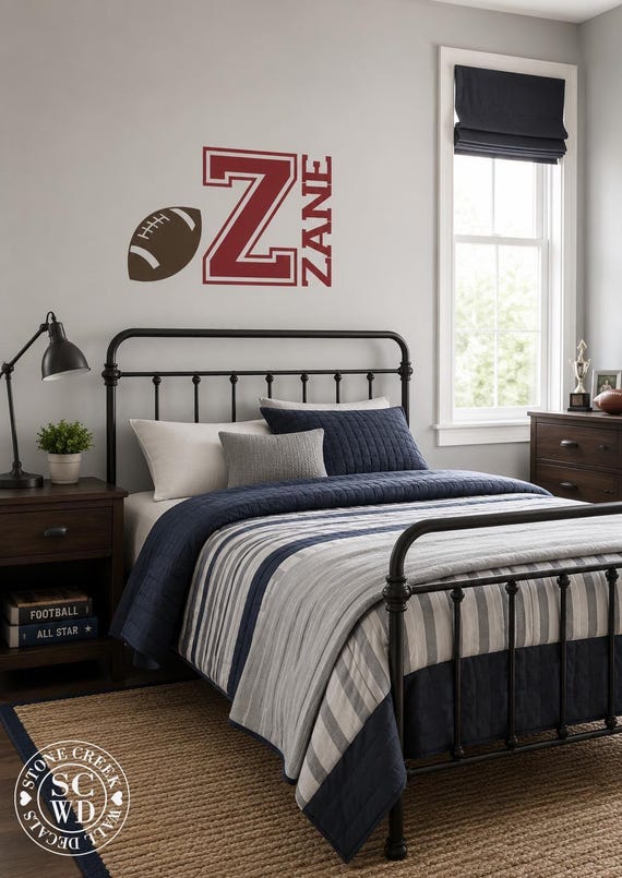 Personalized Football Name Wall Decal, Custom Initial and Name Decal, Boys Room Decor, Football Bedroom Wall Sticker N036