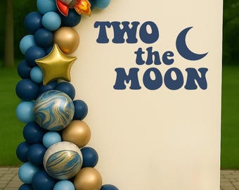Two the Moon Birthday Vinyl Decal | Space Theme Backdrop Sticker with Moon | Second Birthday Party Wall Decoration for Kids (Decal Only)