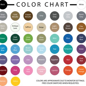 May include: A color chart featuring a grid of circular swatches with labels including Silver Metallic, Gold Metallic, Copper Metallic, Grey, Dark Grey, Light Grey, Storm Grey, Warm Grey, Antique Lace, Saffron, Beige, Light Brown, Dark Brown, and Clay Brown.