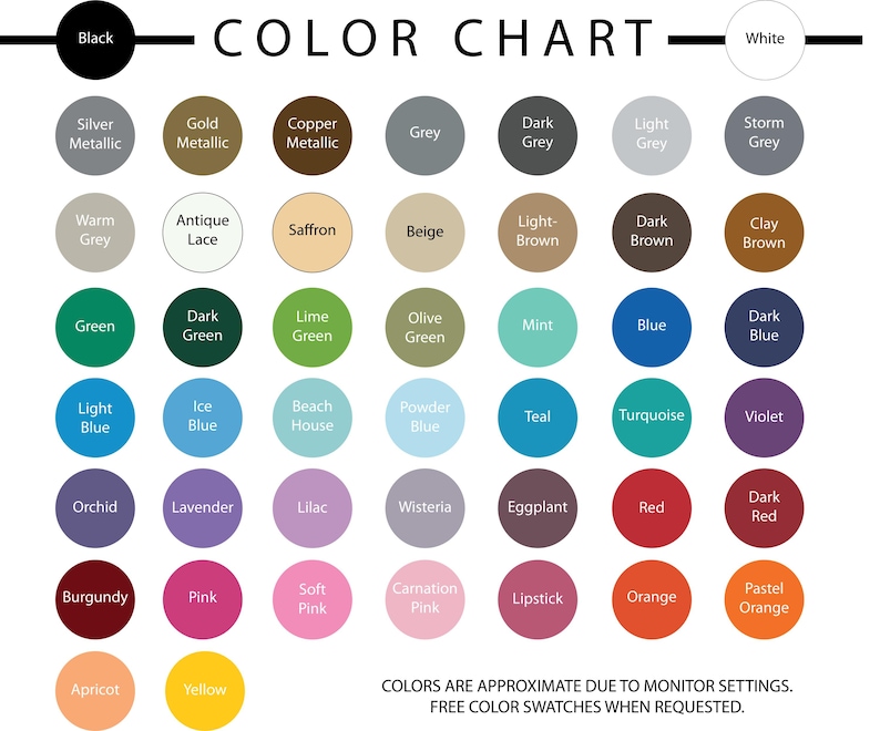 May include: A color chart featuring a grid of circular swatches with labels including Silver Metallic, Gold Metallic, Copper Metallic, Grey, Dark Grey, Light Grey, Storm Grey, Warm Grey, Antique Lace, Saffron, Beige, Light Brown, Dark Brown, and Clay Brown.