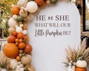 Peut inclure: Un panneau arqué blanc portant le texte HE OR SHE WHAT WILL OUR Little Pumpkin BE? décoré d'une guirlande de ballons dans des tons orange, crème et vert olive, accompagné de citrouilles assorties et de compositions d'herbes de la pampa.
