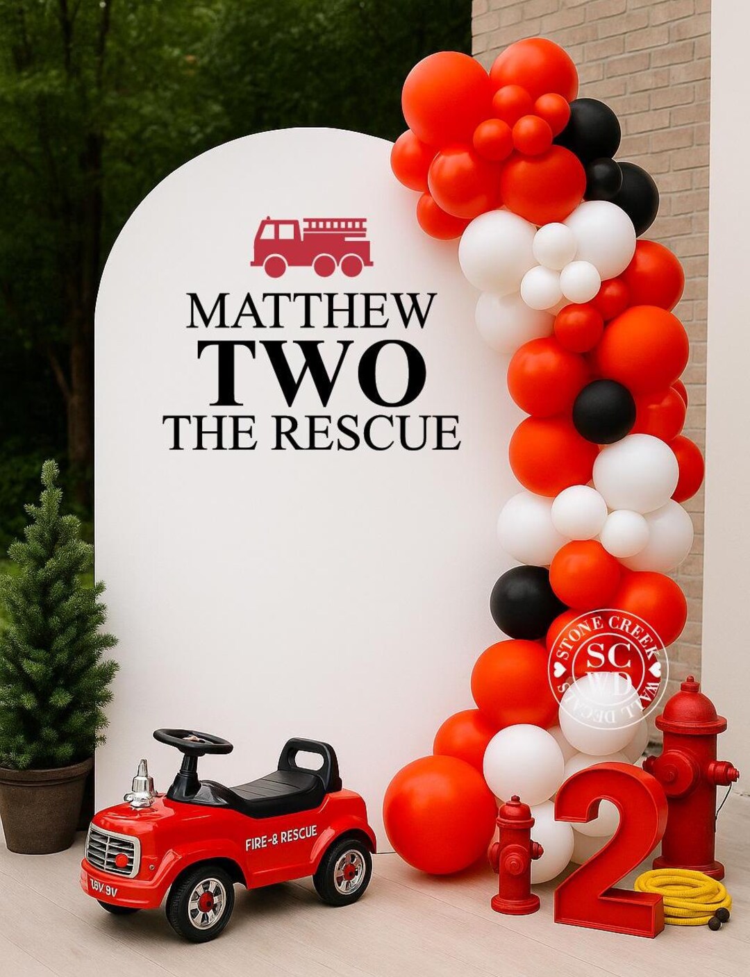 Two The Rescue Backdrop TWO the Rescue Birthday Decal | Firetruck Theme Backdrop Sticker Custom ...