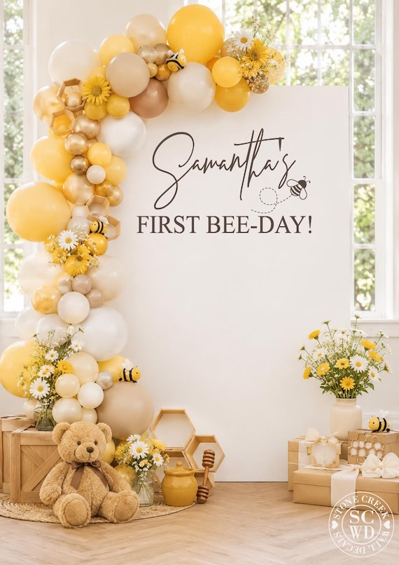 First Bee Day Birthday Backdrop Decal, Bee Theme Party Sign, Custom Name & Age Birthday, Honey Bee Birthday Photo Backdrop (Decal Only)