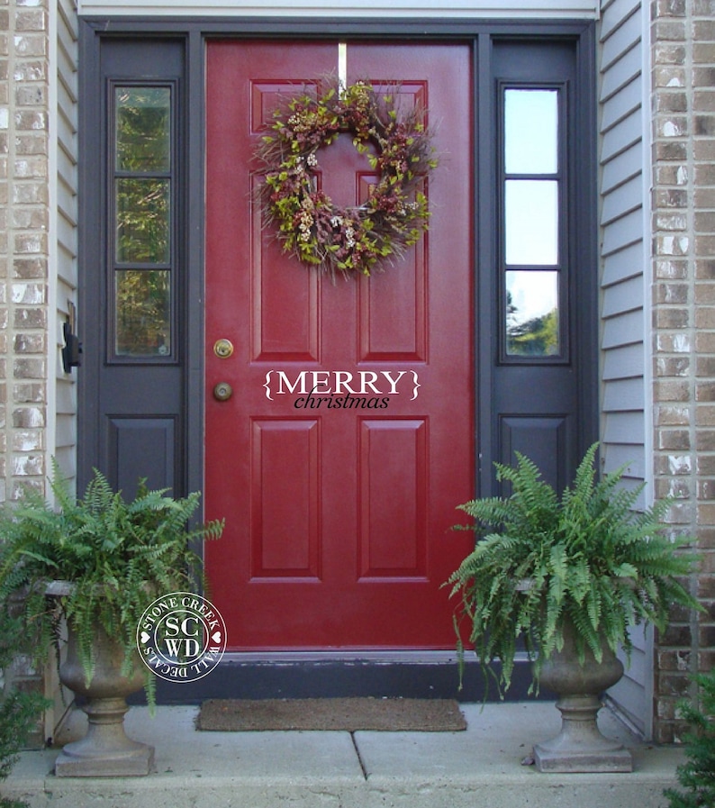 Merry Christmas Front Door Decal Christmas Door Decal Vinyl Decal Holiday Porch Curb Appeal Greeting Door Greeting Decal for Christmas image 1