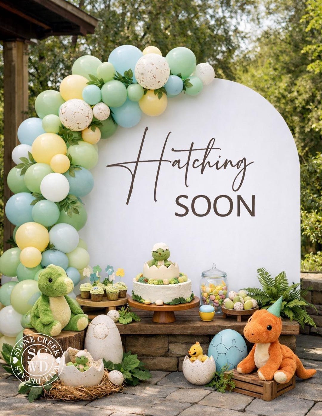 Hatching Soon Baby Shower Backdrop Decal, Dinosaur Baby Shower Sign