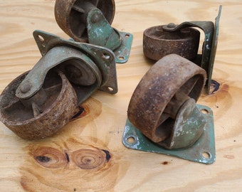 Antique Industrial Caster Wheels, Vintage Cast Iron Factory Cart Coffee Table Casters Bassick  Model 461