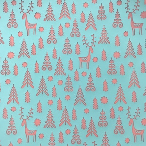 May include: A light blue background with a repeating pattern of pink stylized reindeer and Christmas trees. The reindeer are facing right and the trees are stylized with a star on top.