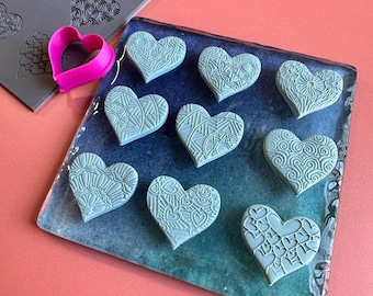 Hearts a Plenty polymer clay rubber stamp texture sheet and heart cutter