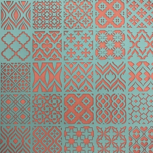 May include: A teal blue patterned tile design with a repeating geometric pattern. The tile design is on a red background.