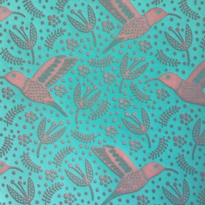 May include: Teal background with a repeating pattern of pink hummingbirds and stylized floral designs.