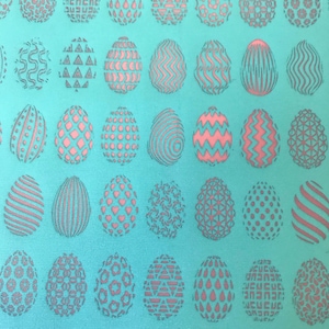 May include: A turquoise background with a repeating pattern of pink eggs. Each egg has a different design, including stripes, zigzags, polka dots, and geometric shapes.
