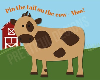 Fijar la cola en el cartel del juego de cumpleaños de animal de granja de vacas- Archivo digital descarga instantánea