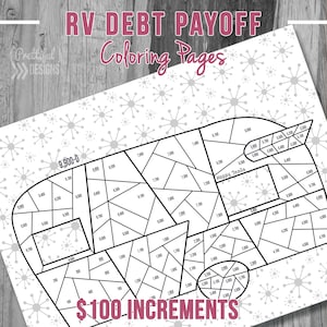 May include: A black and white coloring page of an RV with the text "RV Debt Payoff Coloring Pages" and "Happy Trails" inside the RV. The page is divided into sections with numbers from 100 to 9,900 in increments of 100.