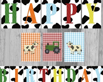 Farm Animal Cow Print Happy Birthday Banner - Digital File - Instant Download