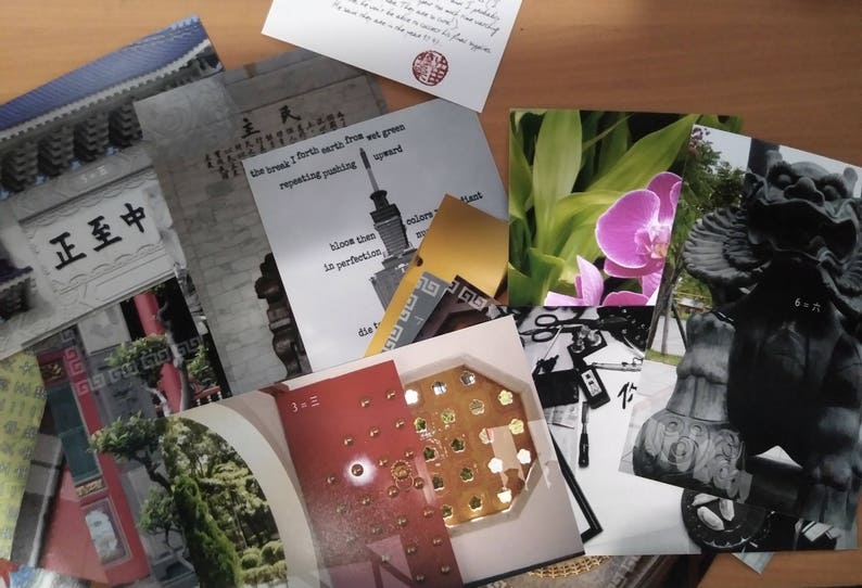 May include: A collection of cards with various images and text. The cards include a black and white image of a statue, a close-up of a pink orchid, a card with the text "the break I forth earth from wet green repeating pushing", and a card with the text "bloom then in perfection".