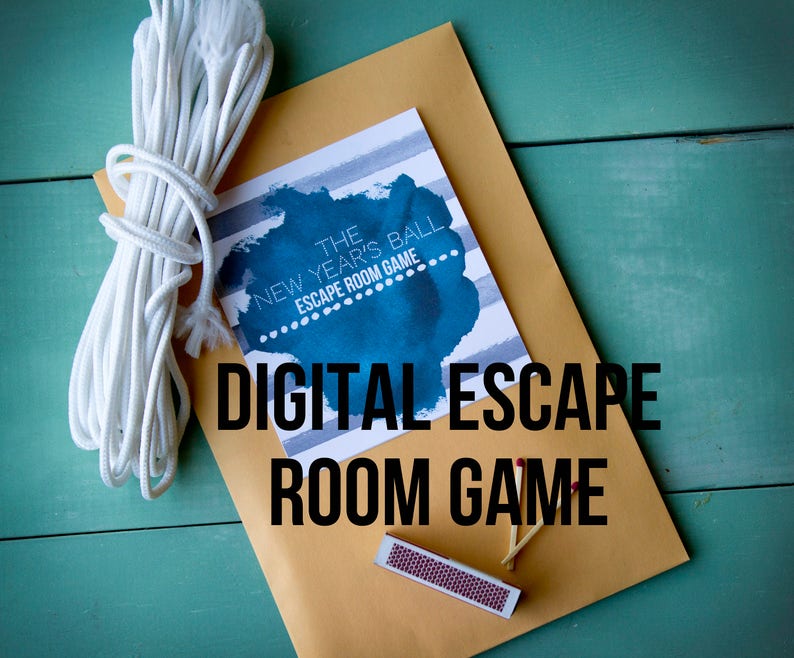 May include: A brown envelope with a white string and a printed card that says "The New Year's Ball Escape Room Game" on a teal wooden surface. The card has a blue watercolour design.