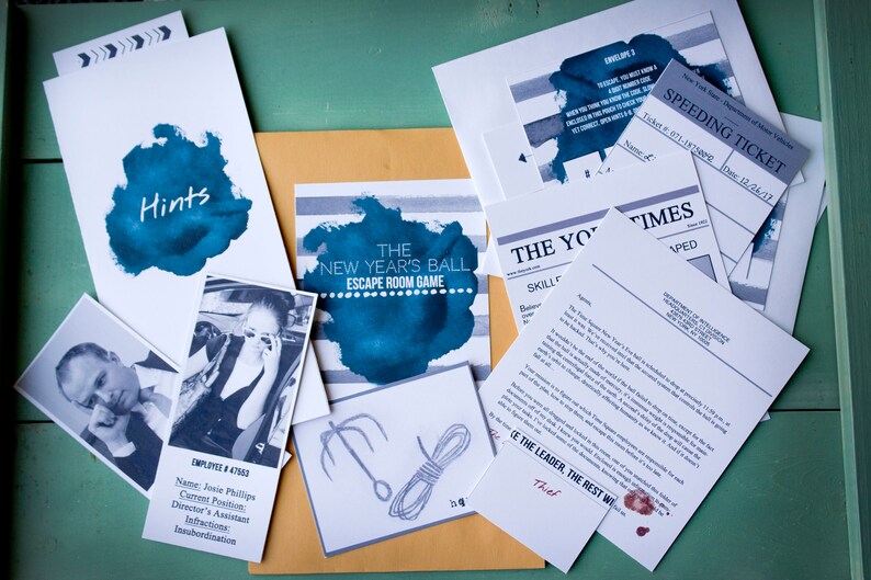 May include: A set of game materials for a New Year's Eve escape room game. The materials include a blue and white striped card with the text "The New Year's Ball Escape Room Game", a white card with the text "Hints", a white card with the text "Employee #47563", a white card with the text "Speeding Ticket", a white card with the text "The Yo Times", and a white card with the text "Be the Leader, the Rest We Thief".