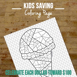 Könnte beinhalten: Eine Schwarz-Weiß-Malvorlage eines Eisbechers mit dem Text "KIDS SAVING Coloring Page" oben und "CELEBRATE EACH DOLLAR TOWARD $100" unten. Der Eisbecher ist in 100 Abschnitte unterteilt, die jeweils nummeriert sind.